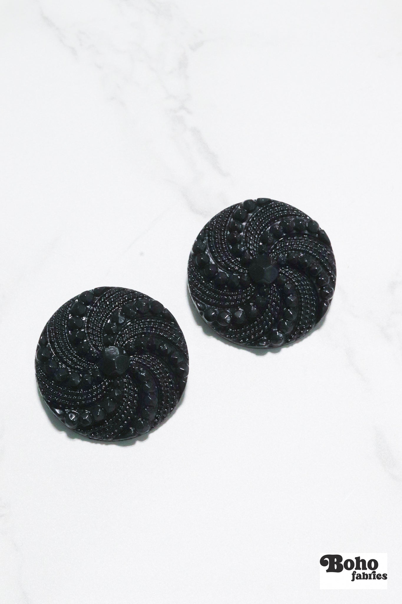 Black Victorian Revival Pinwheel Shank Buttons. Available in 15mm (24L), 23mm (36L), 25mm (40L), and 28mm (44L) - Boho Fabrics - Buttons & Snaps