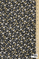 Black with Tiny White Blue and Yellow Ditsy Florals Rayon Crepe Woven Fabric - Boho Fabrics - Crepe, Woven