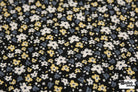Black with Tiny White Blue and Yellow Ditsy Florals Rayon Crepe Woven Fabric - Boho Fabrics - Crepe, Woven
