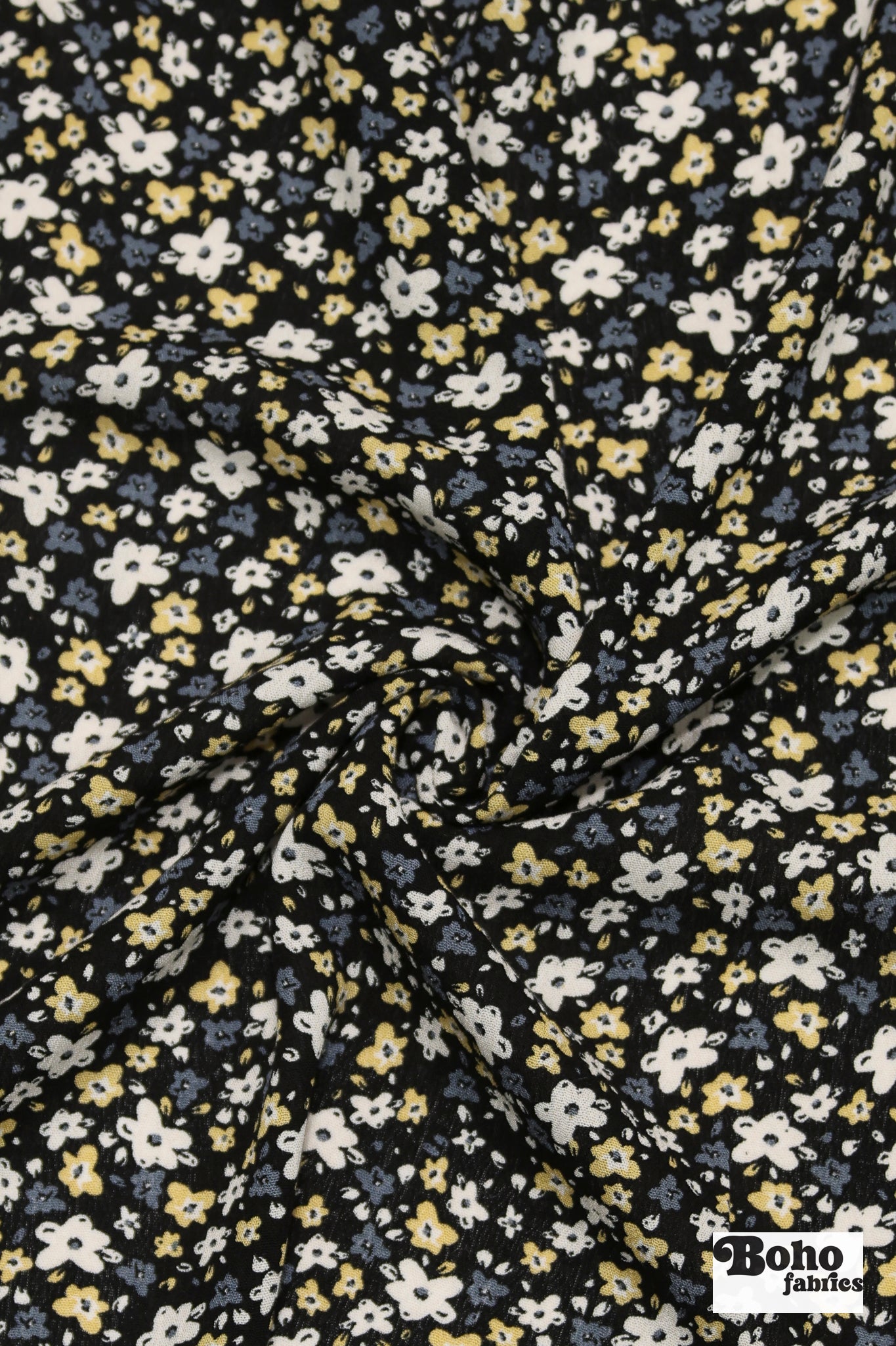 Black with Tiny White Blue and Yellow Ditsy Florals Rayon Crepe Woven Fabric - Boho Fabrics - Crepe, Woven