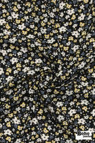 Black with Tiny White Blue and Yellow Ditsy Florals Rayon Crepe Woven Fabric - Boho Fabrics - Crepe, Woven