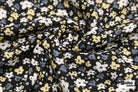 Black with Tiny White Blue and Yellow Ditsy Florals Rayon Crepe Woven Fabric - Boho Fabrics - Crepe, Woven
