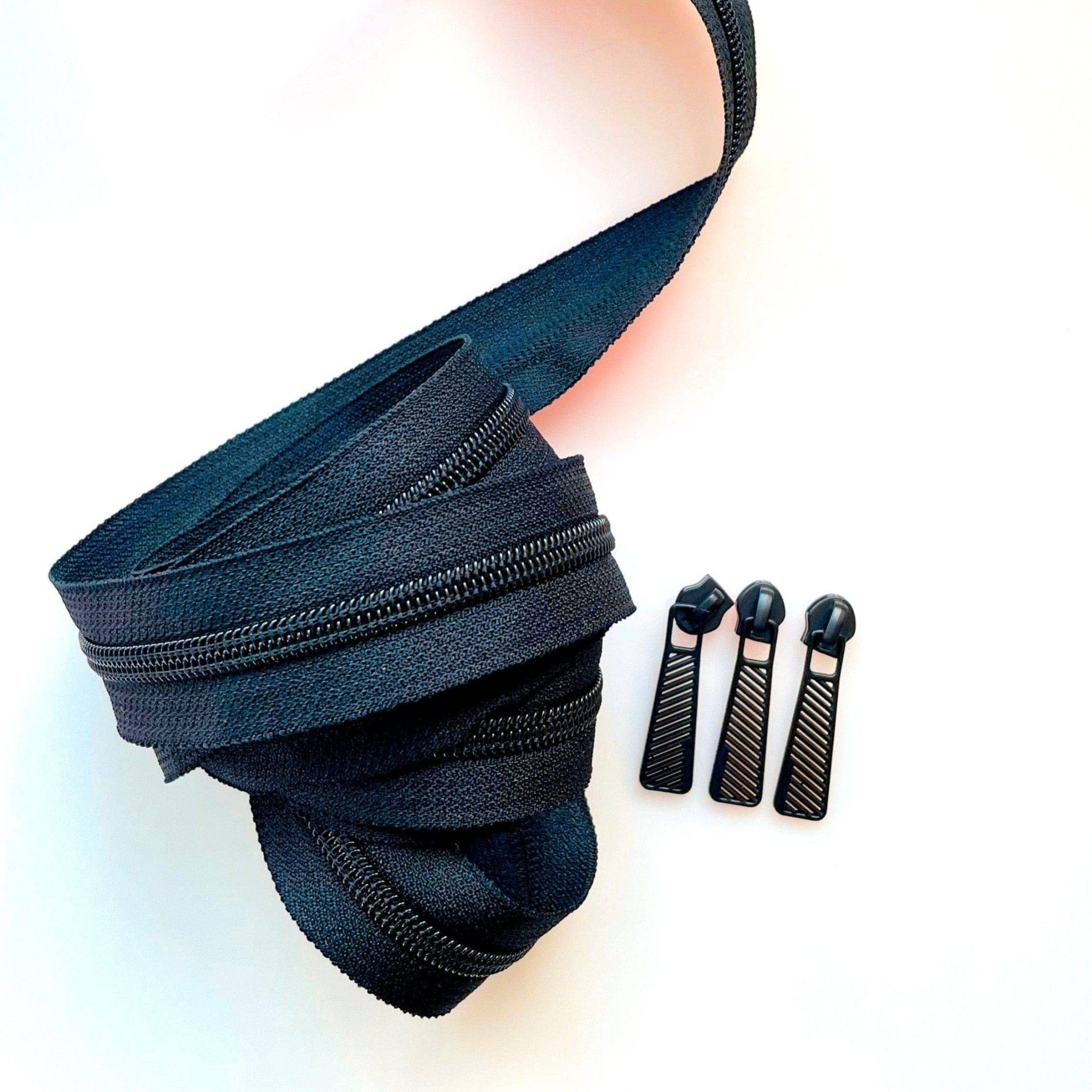 Black Zipper Tape with Matte Pulls - 3 Yards Continuous - Boho Fabrics - Zippers