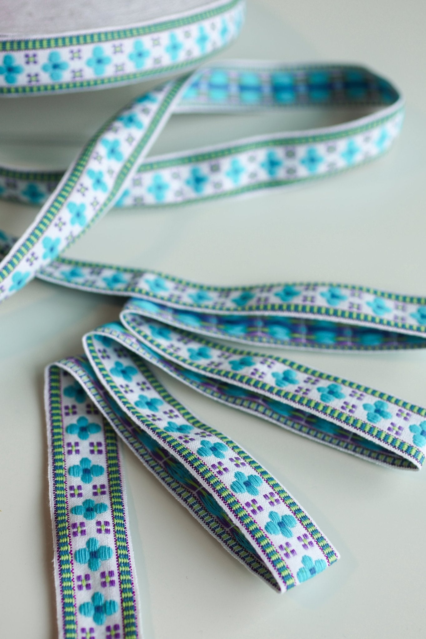 Bloom Grid in Blue, 1 1/4" Vintage Jacquard Woven Trim, TRIM - 020 - Boho Fabrics - Trims