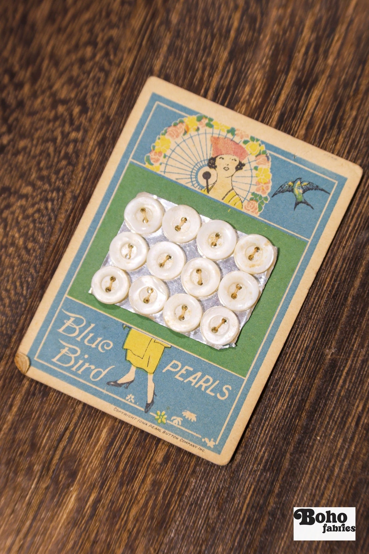 Blue Bird Pearls Vintage Mother of Pearl Button Card — 10mm White Buttons, Illustrated Lady with Fan, 1920s–30s - Boho Fabrics - Buttons & Snaps