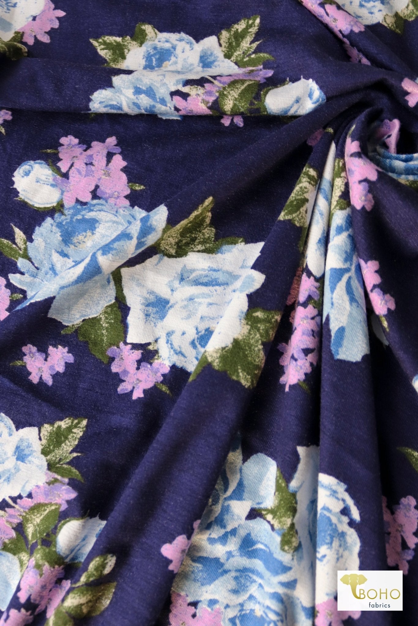 Blue Florals, Rayon Spandex Knit Fabric - Boho Fabrics