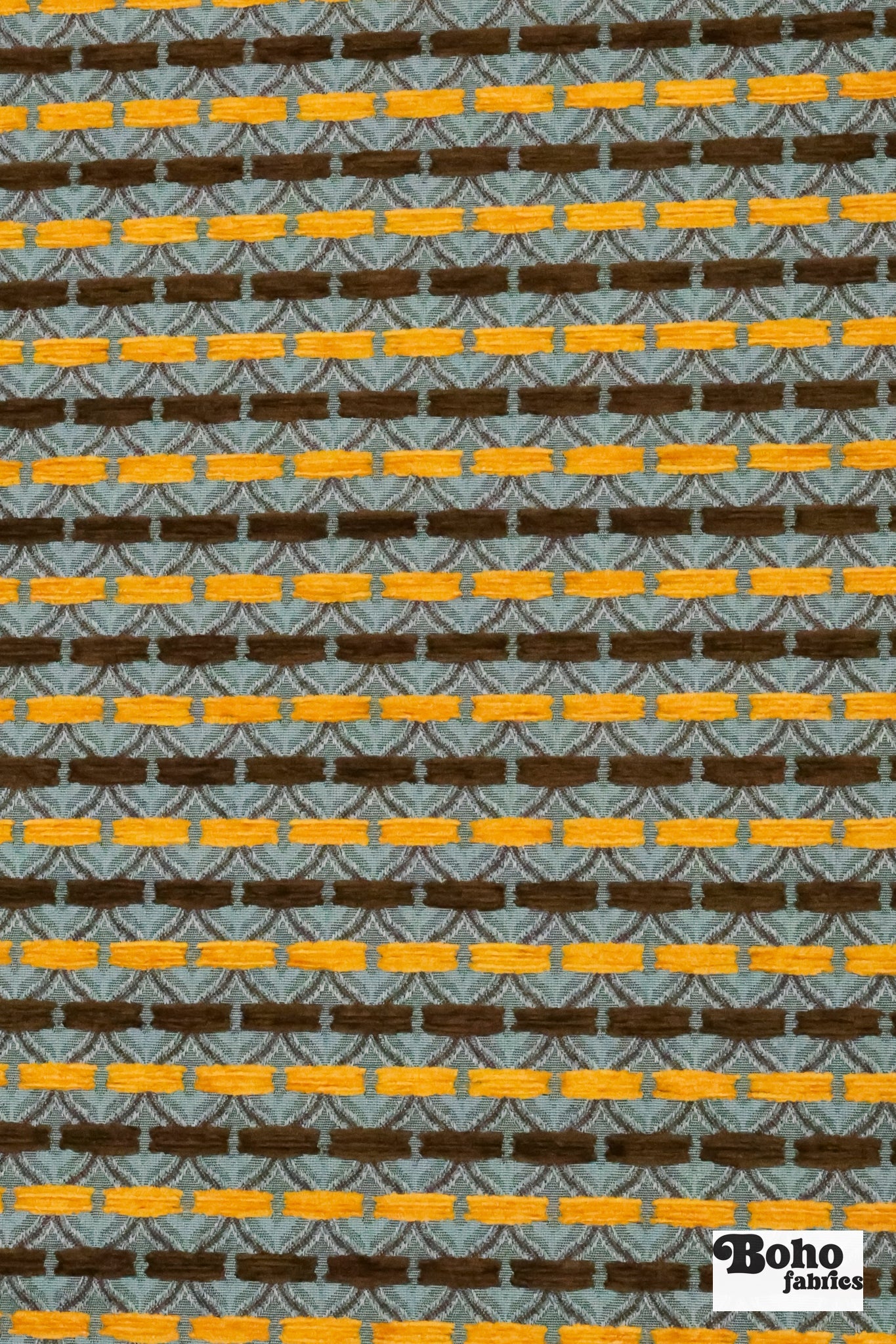 Blue & Gold Ogee Tulips Jacquard Woven Fabric - Boho Fabrics - Jacquard, Woven