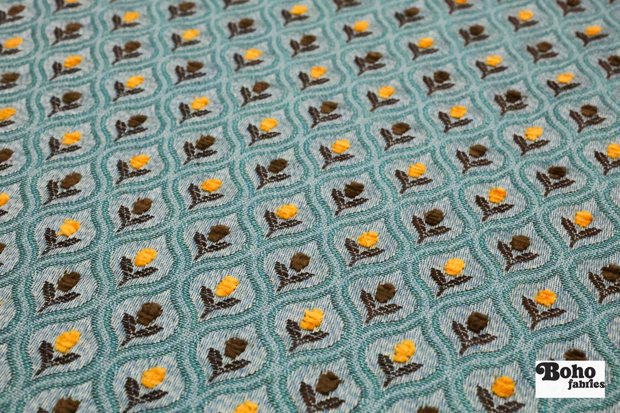Blue & Gold Ogee Tulips Jacquard Woven Fabric - Boho Fabrics - Jacquard, Woven