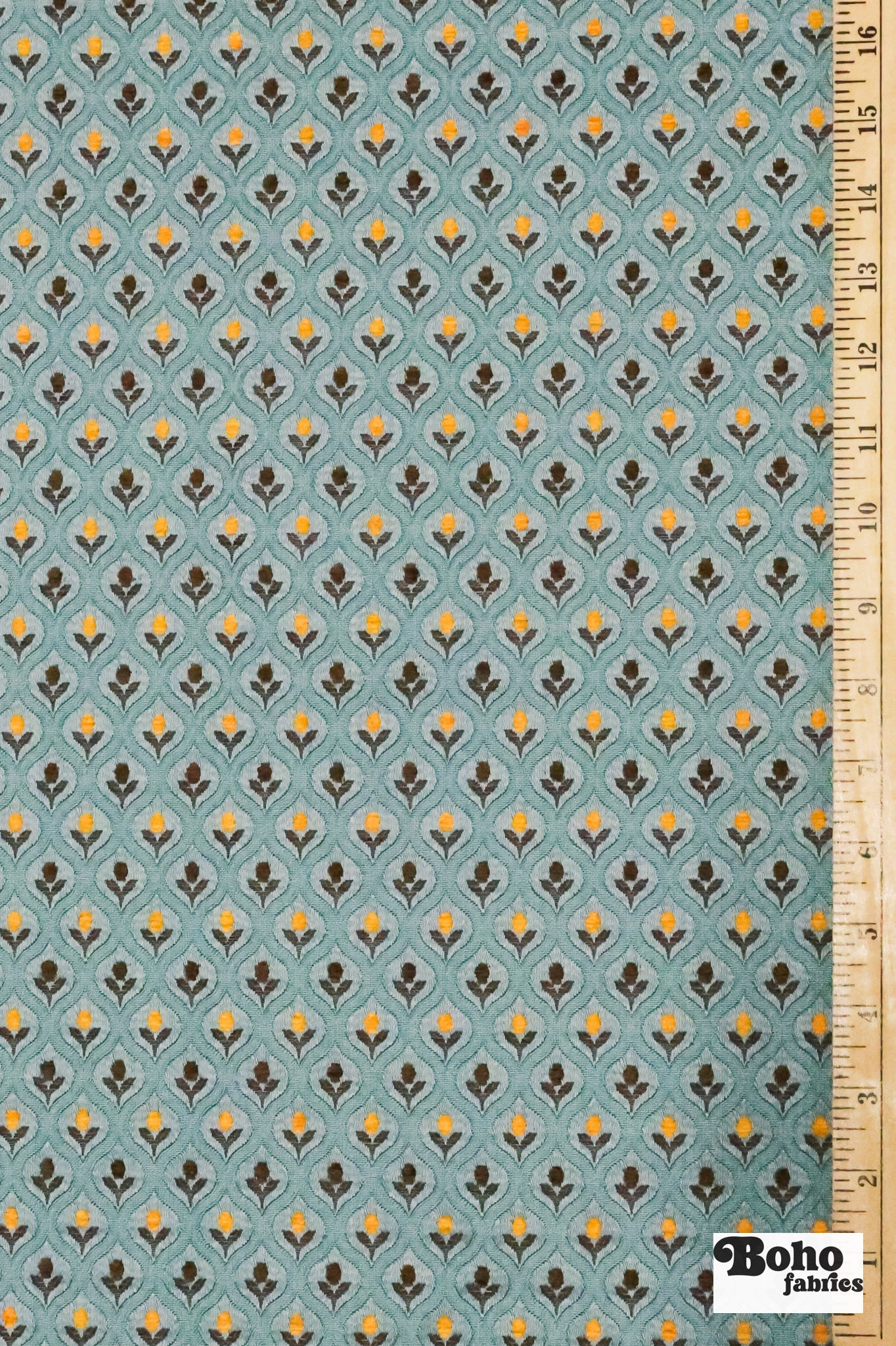 Blue & Gold Ogee Tulips Jacquard Woven Fabric - Boho Fabrics - Jacquard, Woven