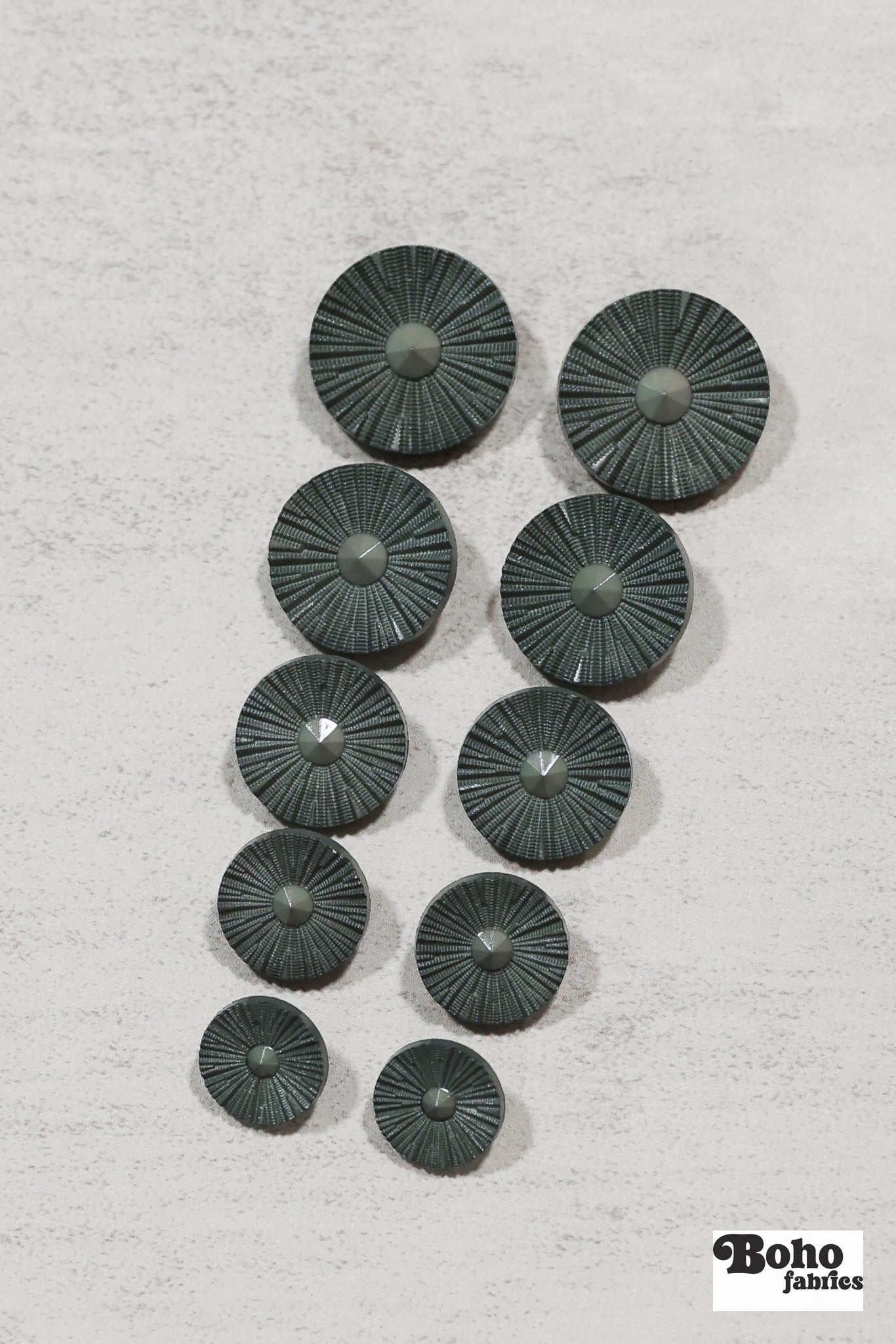 Blue-Gray Round Ridged Sunburst Shank Buttons. 26L (16mm/ 3/4"), 28L, (18mm/ 11/16"), 34L (21mm / 13/16"), 36L (23mm, 7/8"), 42L (26mm/ 1") - Boho Fabrics - Buttons & Snaps