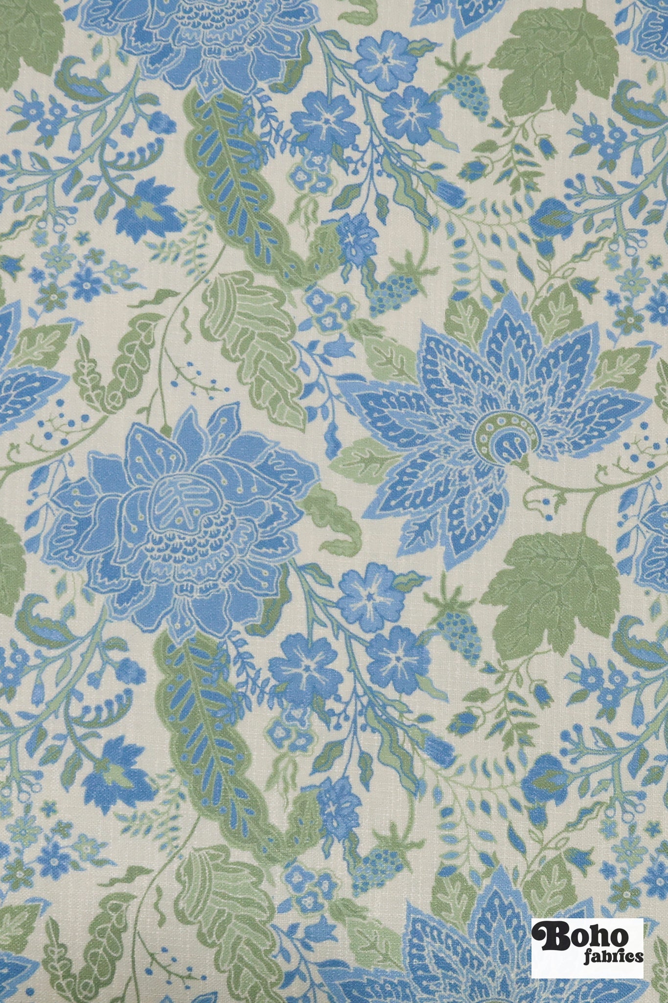 Blue & Green, Jacobean Floral Linen-Look Woven Fabric - Boho Fabrics - Canvas Fabric