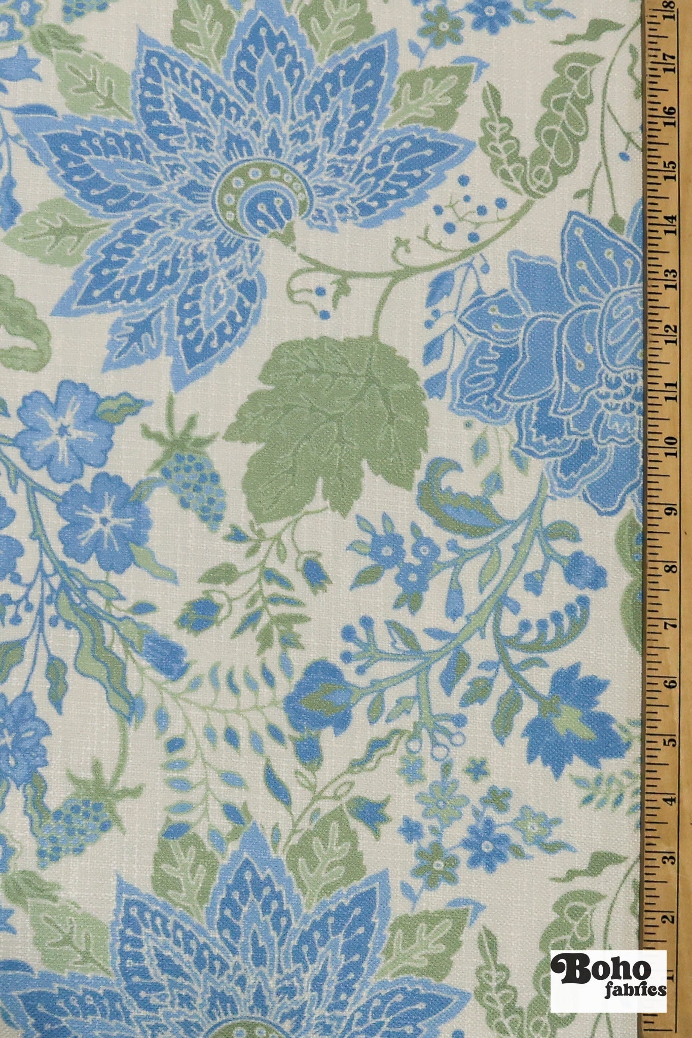 Blue & Green, Jacobean Floral Linen-Look Woven Fabric - Boho Fabrics - Canvas Fabric