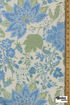 Blue & Green, Jacobean Floral Linen-Look Woven Fabric - Boho Fabrics - Canvas Fabric