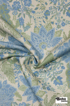 Blue & Green, Jacobean Floral Linen-Look Woven Fabric - Boho Fabrics - Canvas Fabric