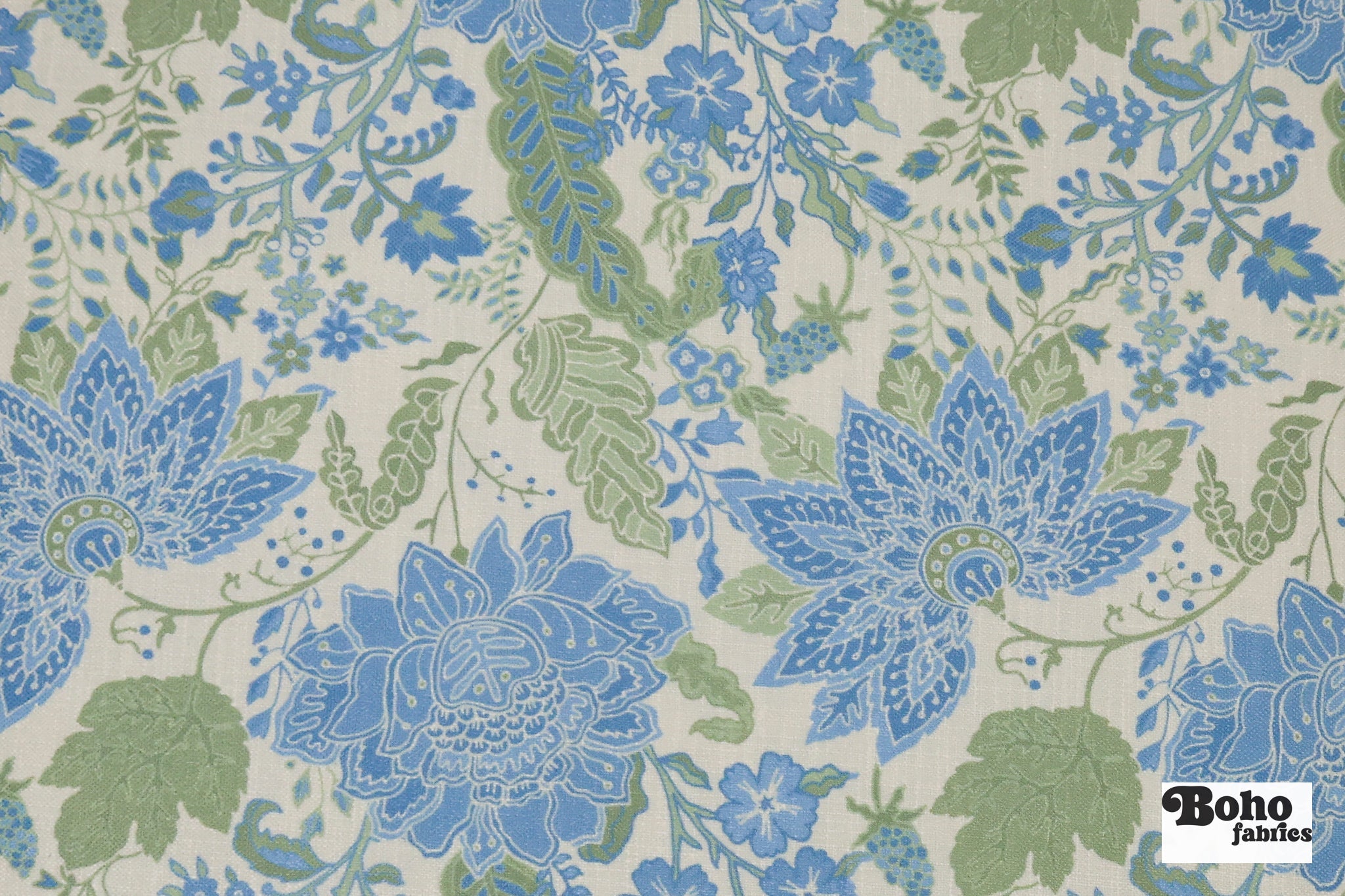 Blue & Green, Jacobean Floral Linen-Look Woven Fabric - Boho Fabrics - Canvas Fabric