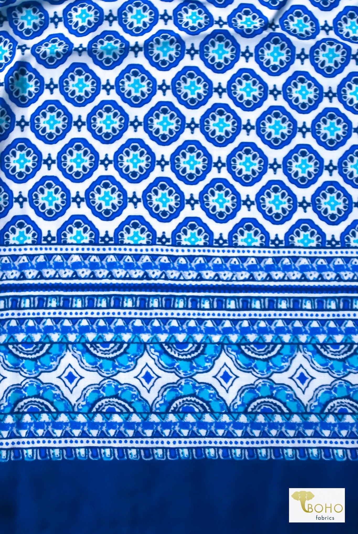 Blue Ibiza, Double Border, Rayon Challis Woven Print - Boho Fabrics