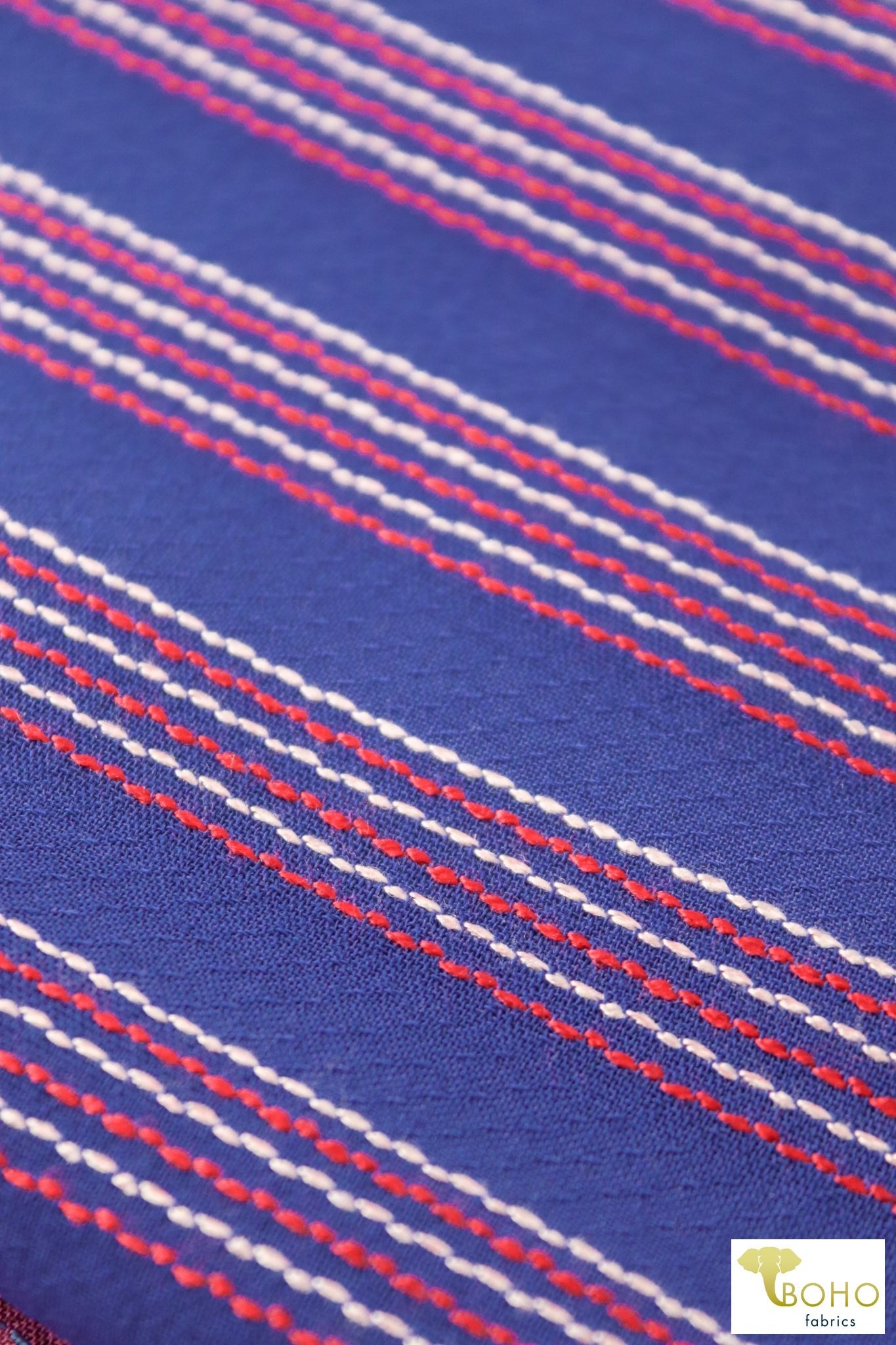 Blue Pacific Coast Highway Stripes. Embroidered Stripes on Blue Woven Fabric. WVS-308-BLU - Boho Fabrics