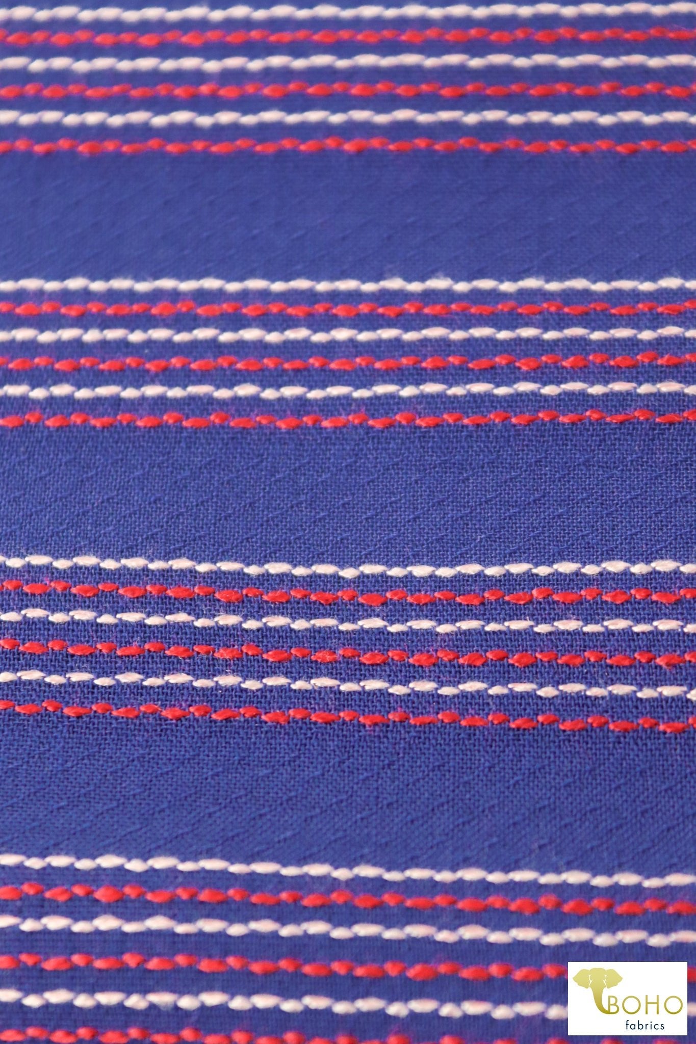 Blue Pacific Coast Highway Stripes. Embroidered Stripes on Blue Woven Fabric. WVS-308-BLU - Boho Fabrics