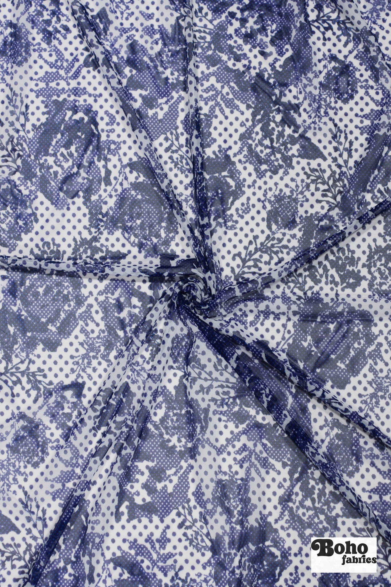 Blue Polka Dot Roses. Power Mesh - Boho Fabrics - Stretch Mesh