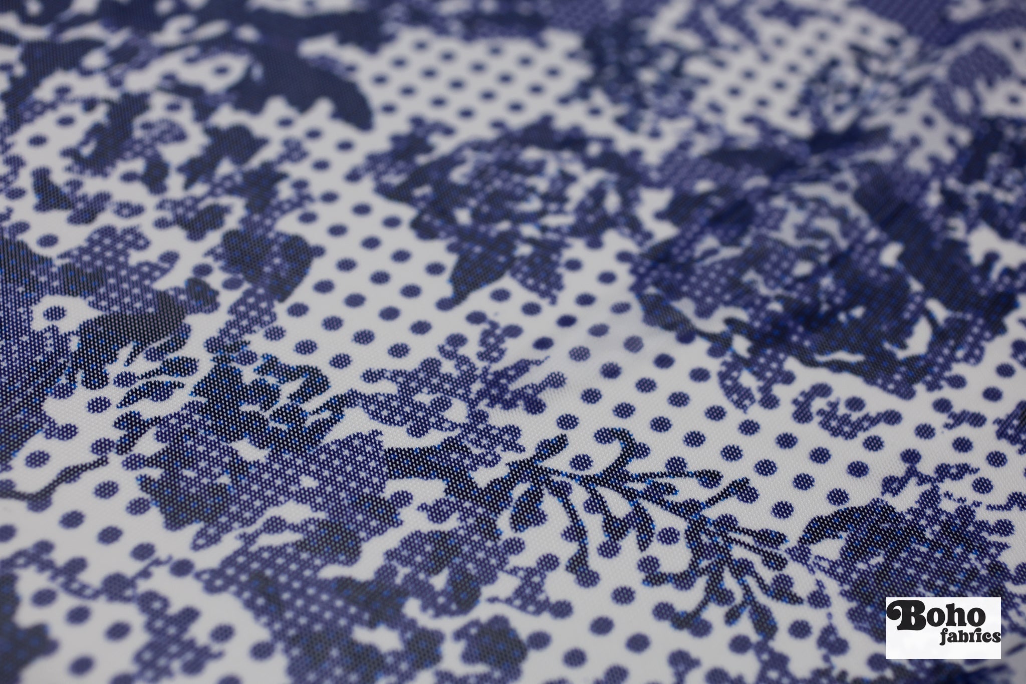 Blue Polka Dot Roses. Power Mesh - Boho Fabrics - Stretch Mesh