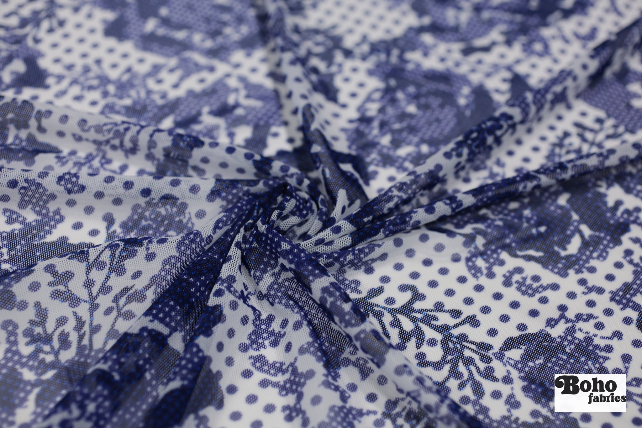 Blue Polka Dot Roses. Power Mesh - Boho Fabrics - Stretch Mesh