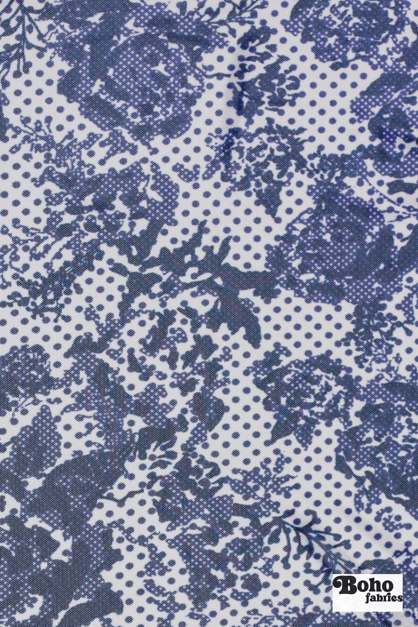 Blue Polka Dot Roses. Power Mesh - Boho Fabrics - Stretch Mesh