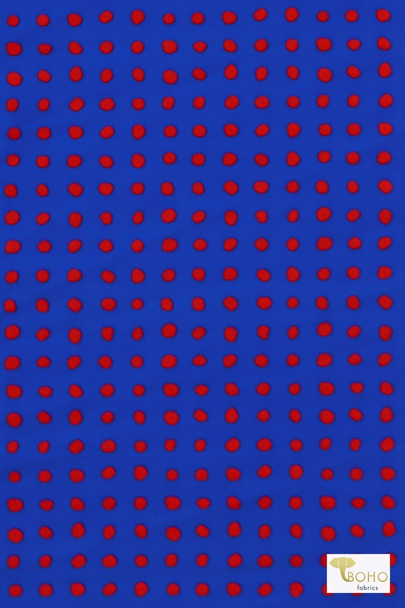 Blue & Red Mod Polka Dots, Printed Swim Knit Fabric. - Boho Fabrics