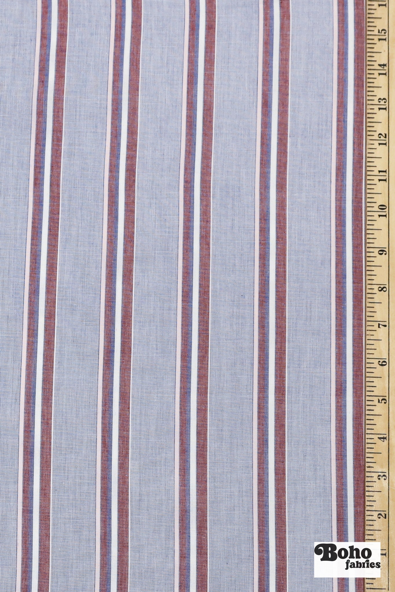 Blue with Red and White Variegated Stripes Cotton Shirting Woven Fabric - Boho Fabrics - Shirting, Woven