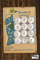 Bluebird Vintage Mother of Pearl Button Card, 1922 Iowa Pearl Button Co. — 12.5mm White Buttons, Illustrated Card - Boho Fabrics - Buttons & Snaps