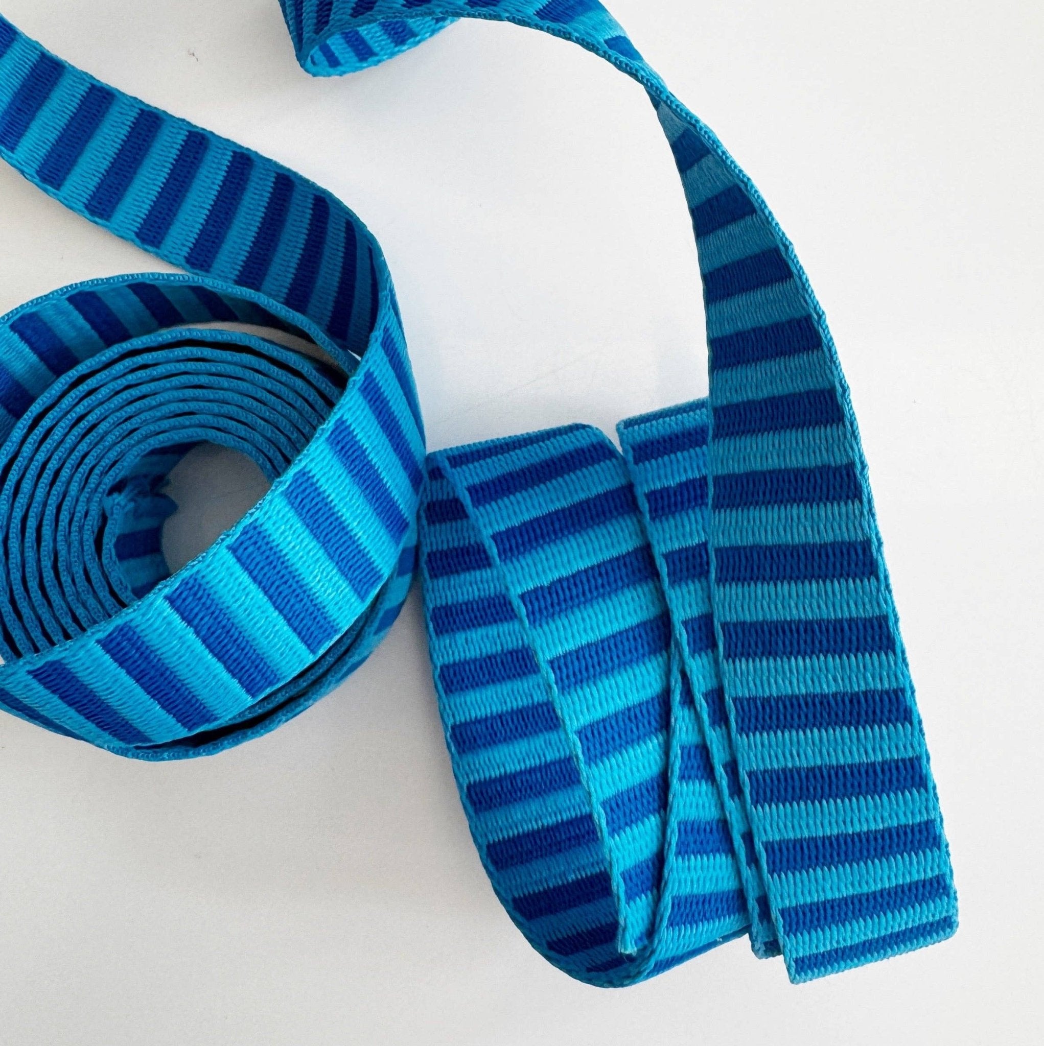 Bright Blue Striped Jacquard Woven Webbing – 1" Wide, Sold Per Yard. - Boho Fabrics - Bag Making Supplies