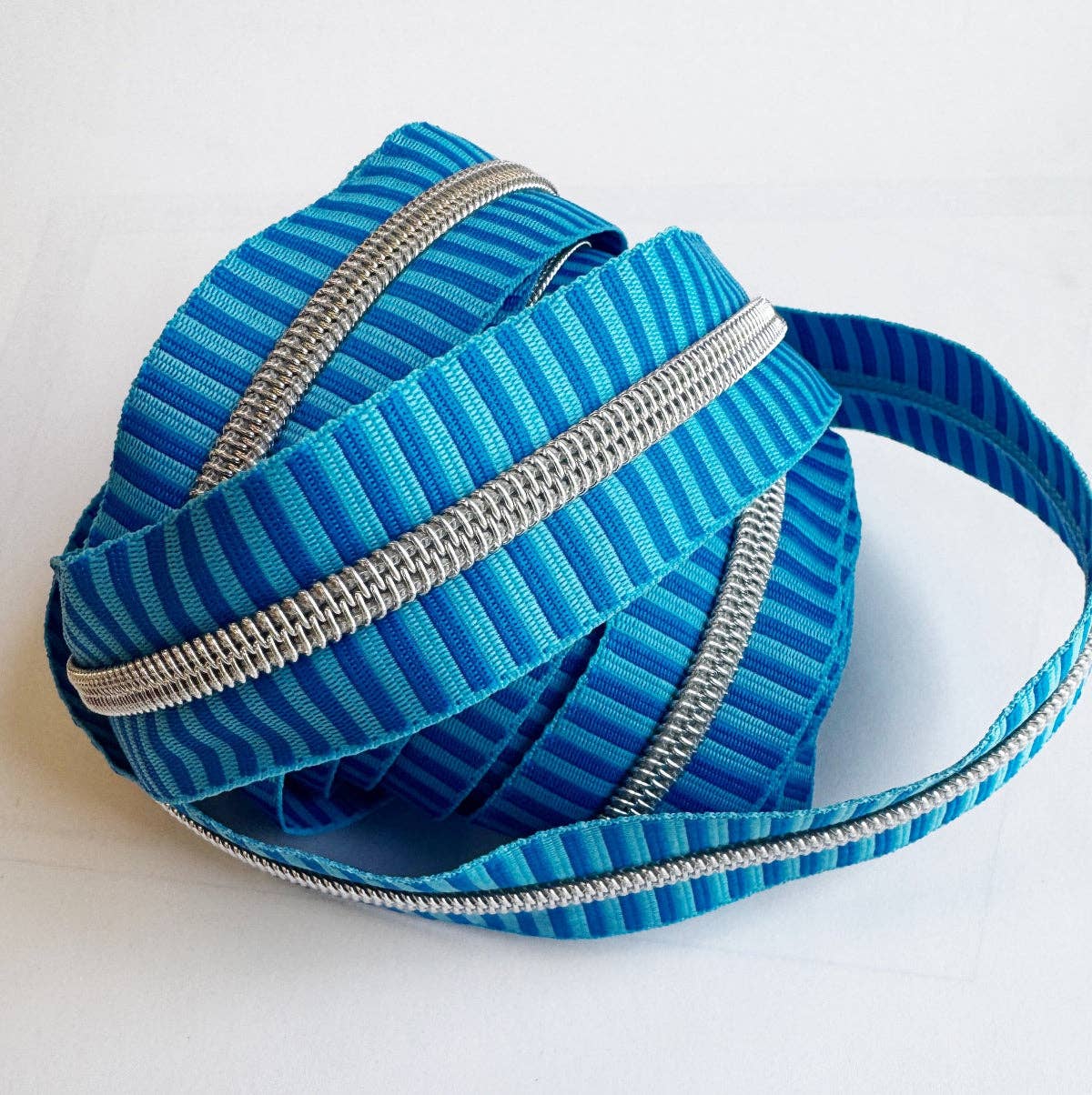 Bright Blue Striped Jacquard Zipper Tape 5 Silver Teeth - Boho Fabrics - Zippers