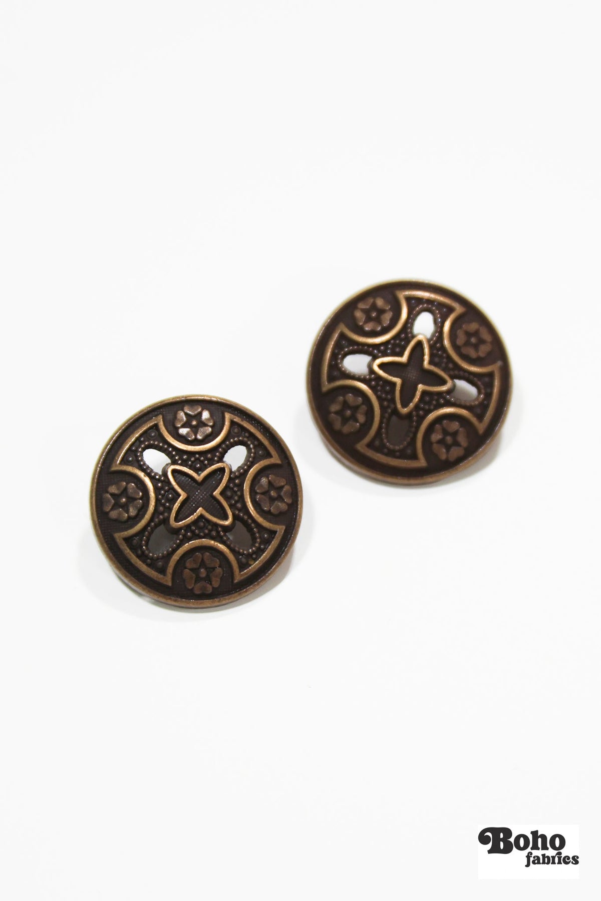 Bronze Cross Metal Shank Button. 30L (19mm, 3/4") , 36L (23mm / 7/8") - Boho Fabrics - Buttons & Snaps