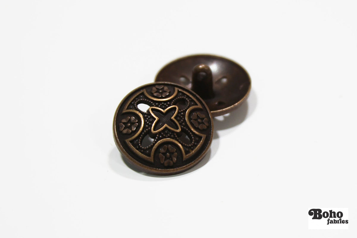 Bronze Cross Metal Shank Button. 30L (19mm, 3/4") , 36L (23mm / 7/8") - Boho Fabrics - Buttons & Snaps