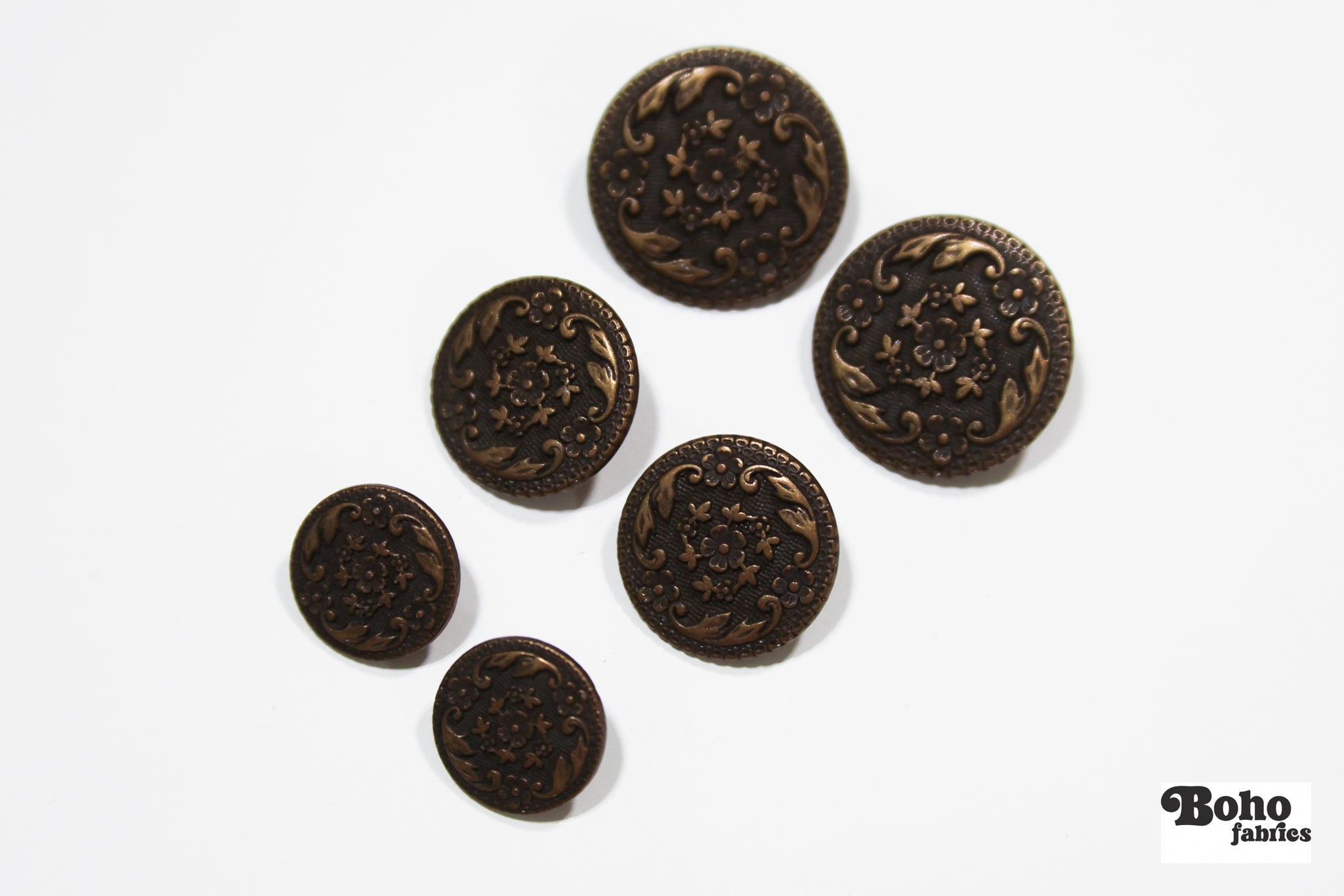 Bronze Filigree Metal Shank Buttons. 24L (15mm / 5/8"), 30L (19mm, 3/4") , 36L (23mm / 7/8") - Boho Fabrics - Buttons & Snaps
