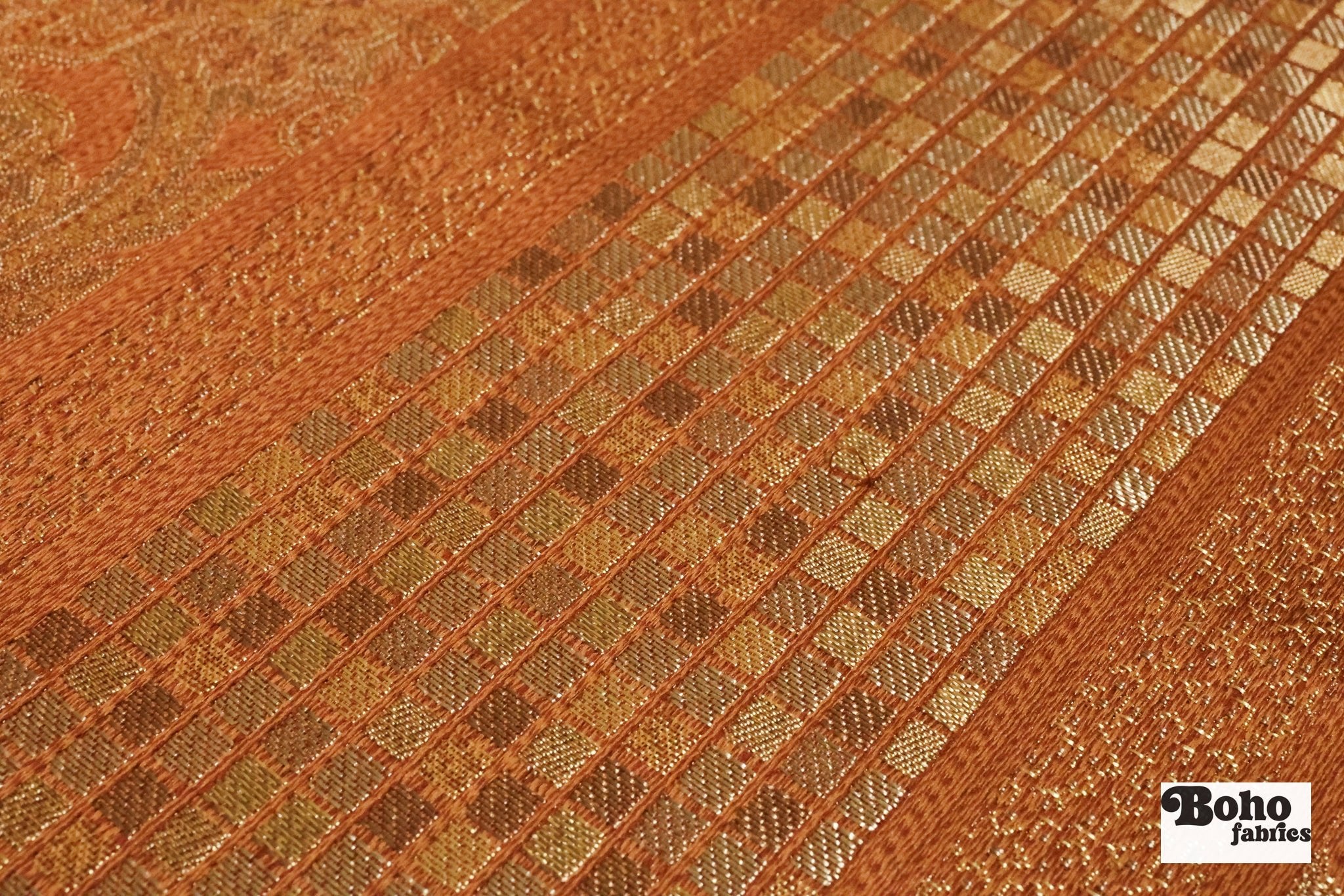 Bronze & Gold Paisley Grid Jacquard Woven Fabric - Boho Fabrics - Jacquard, Woven