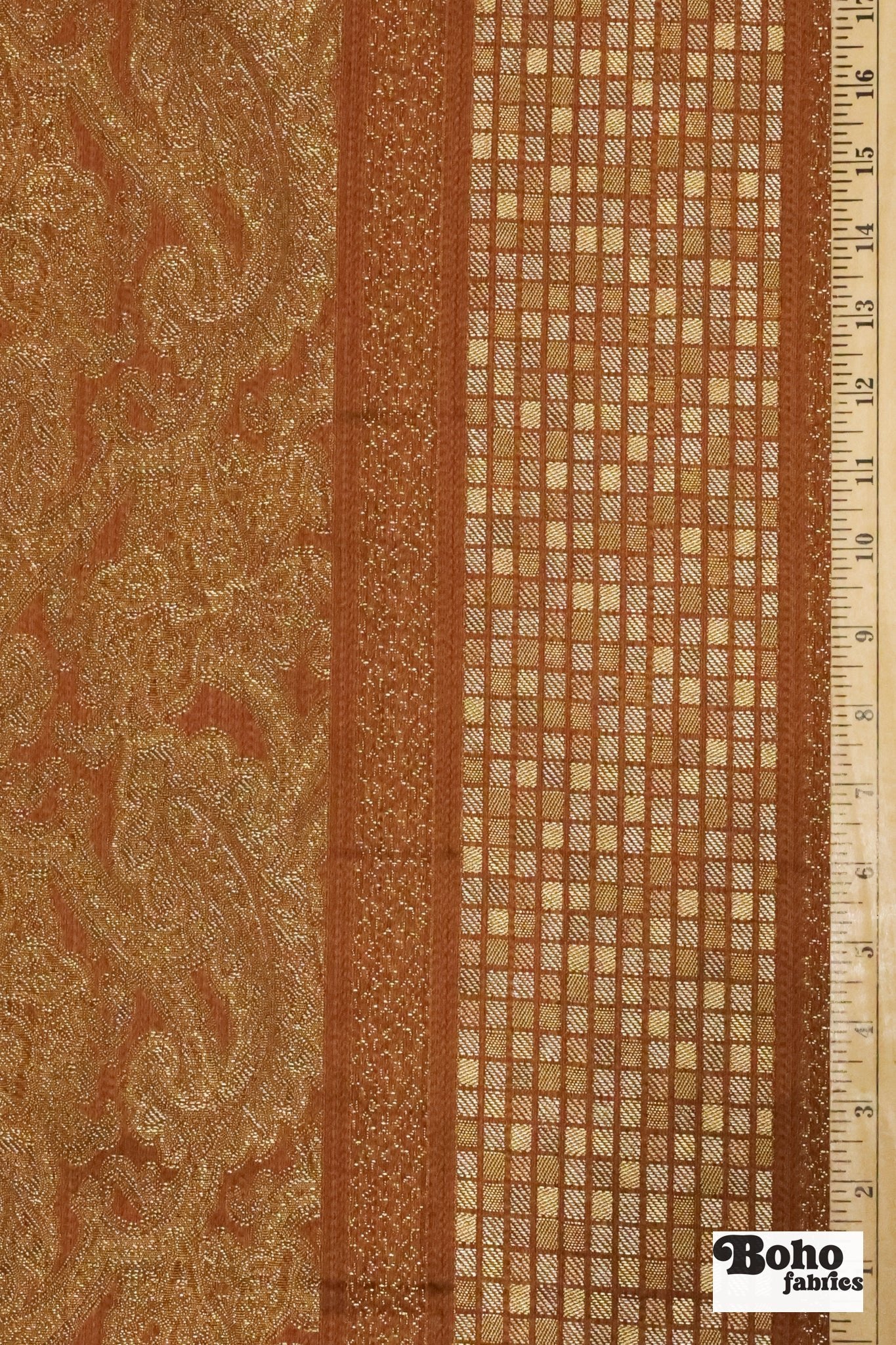 Bronze & Gold Paisley Grid Jacquard Woven Fabric - Boho Fabrics - Jacquard, Woven