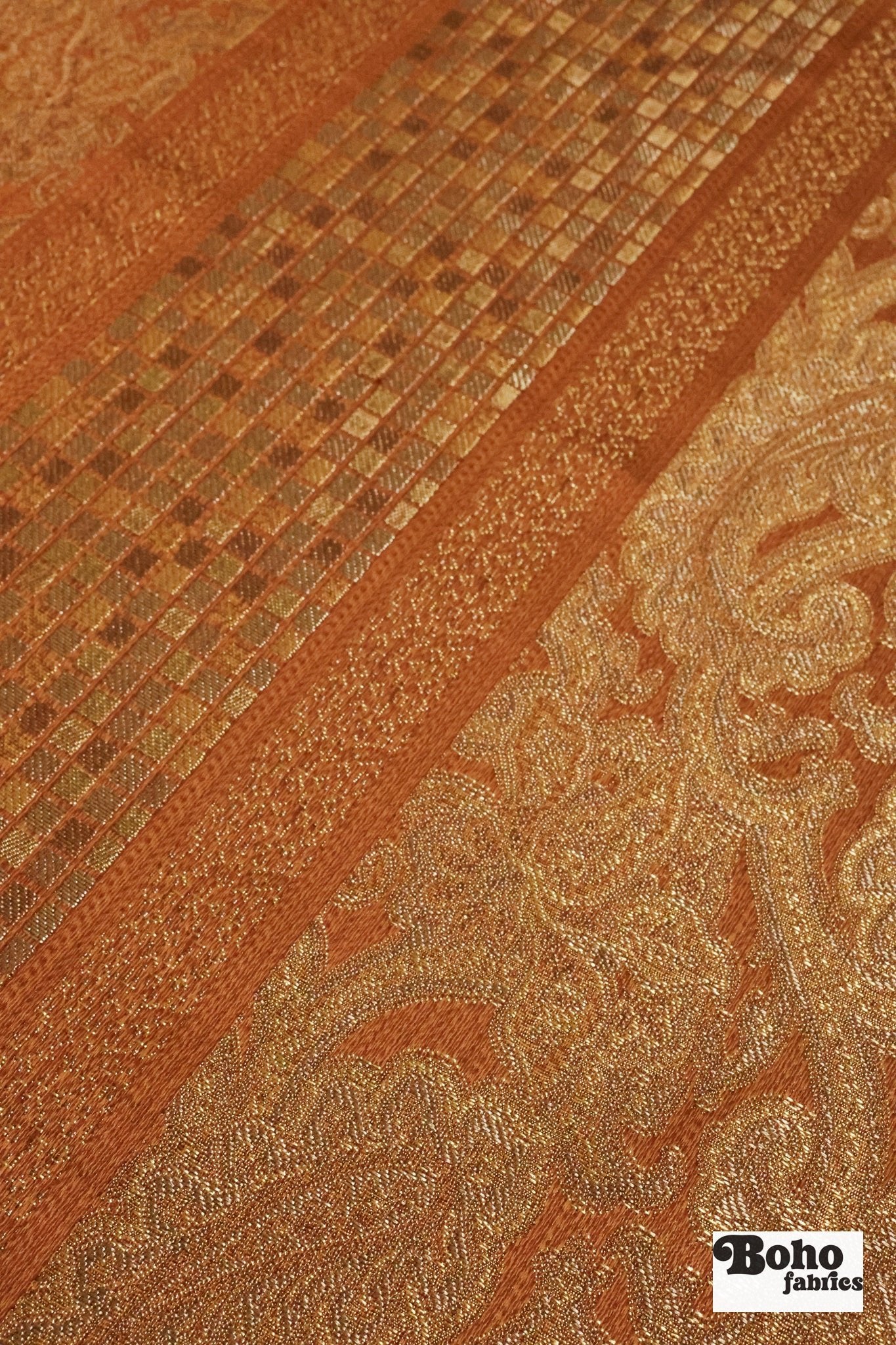 Bronze & Gold Paisley Grid Jacquard Woven Fabric - Boho Fabrics - Jacquard, Woven