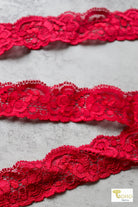 Bubble Roses on Red, 1.25", Stretch Lace Trim SOLD PER PACKAGE OF 3 YARDS. - Boho Fabrics