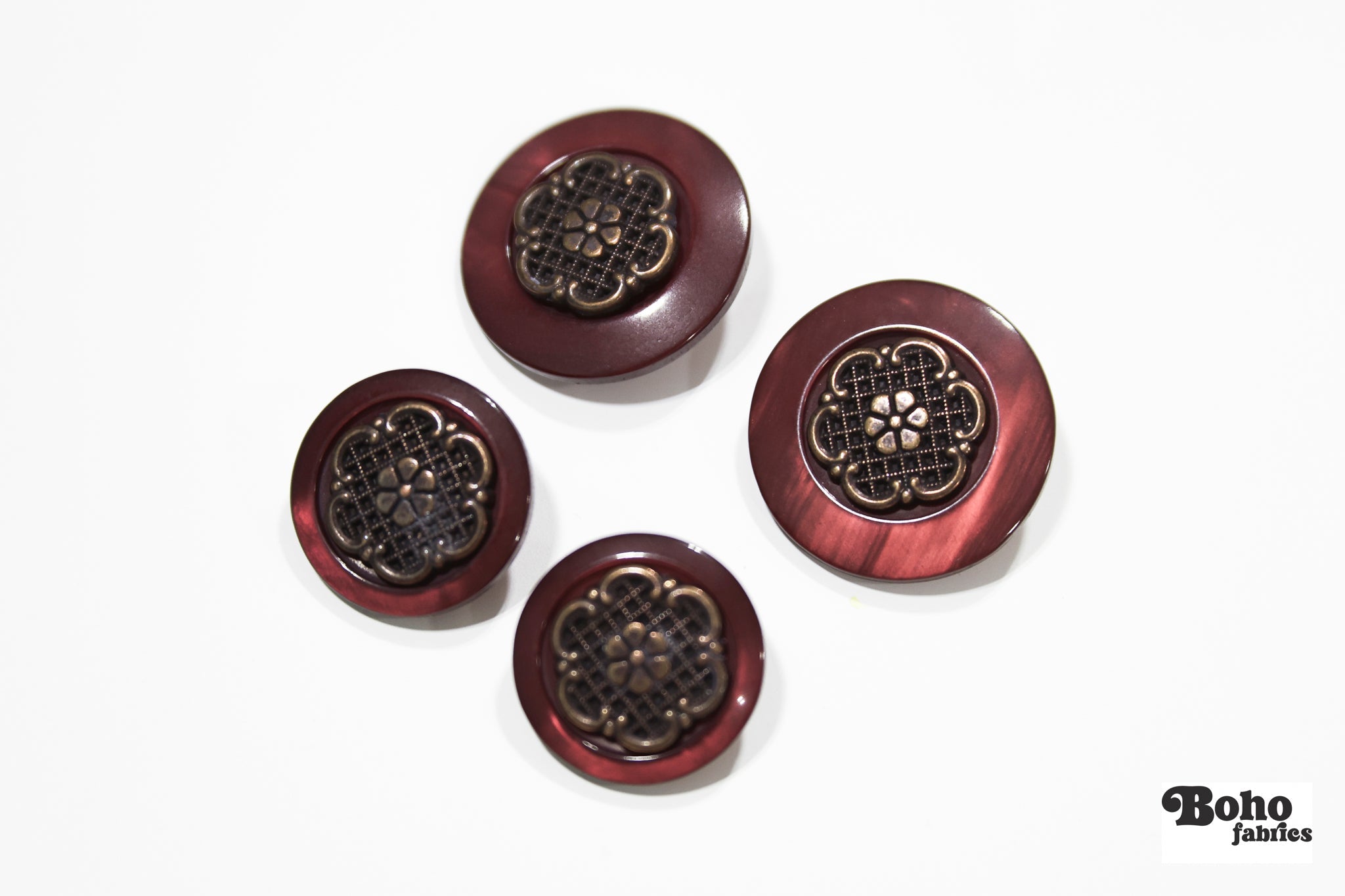 Burgundy Pearl & Bronze Filigree Plastic Shank Buttons. 30L (19mm, 3/4") , 40L (25mm / 1") - Boho Fabrics - Buttons & Snaps