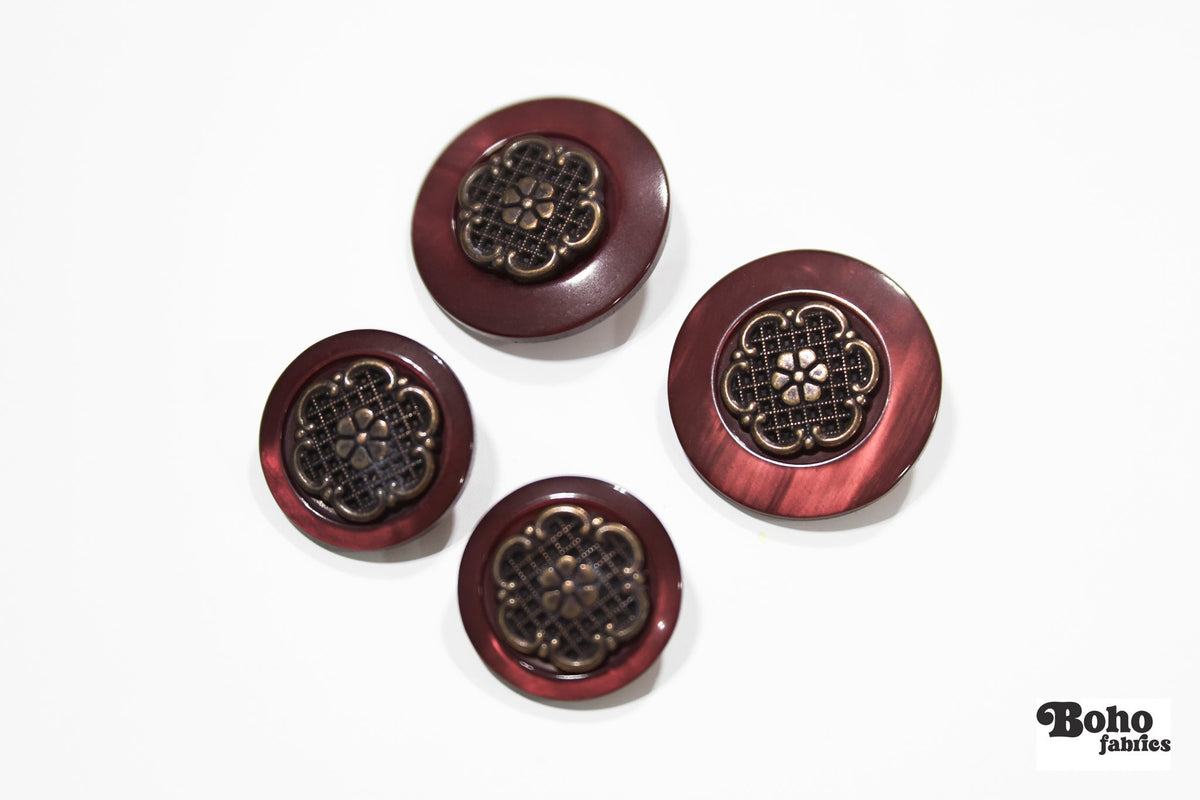 Burgundy Pearl & Bronze Filigree Plastic Shank Buttons. 30L (19mm, 3/4") , 40L (25mm / 1") - Boho Fabrics - Buttons & Snaps