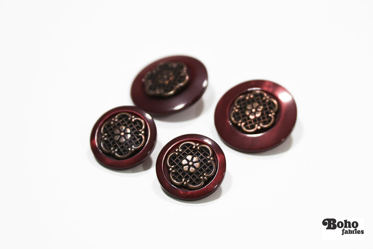 Burgundy Pearl & Bronze Filigree Plastic Shank Buttons. 30L (19mm, 3/4") , 40L (25mm / 1") - Boho Fabrics - Buttons & Snaps