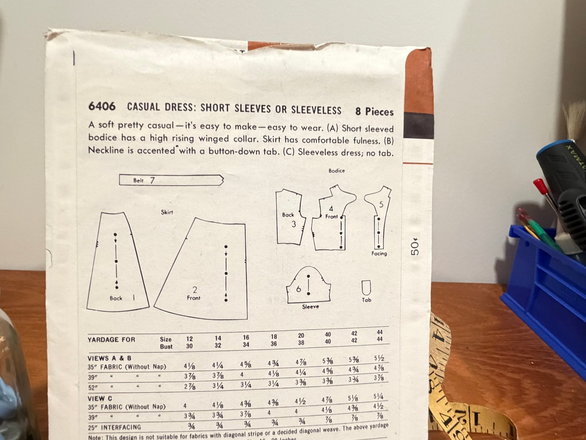 Butterick Sewing Pattern #6406 — Casual Dress, Short Sleeves or Sleeveless, Size 14, Bust 32, Vintage 1953 - Boho Fabrics - Sewing Patterns