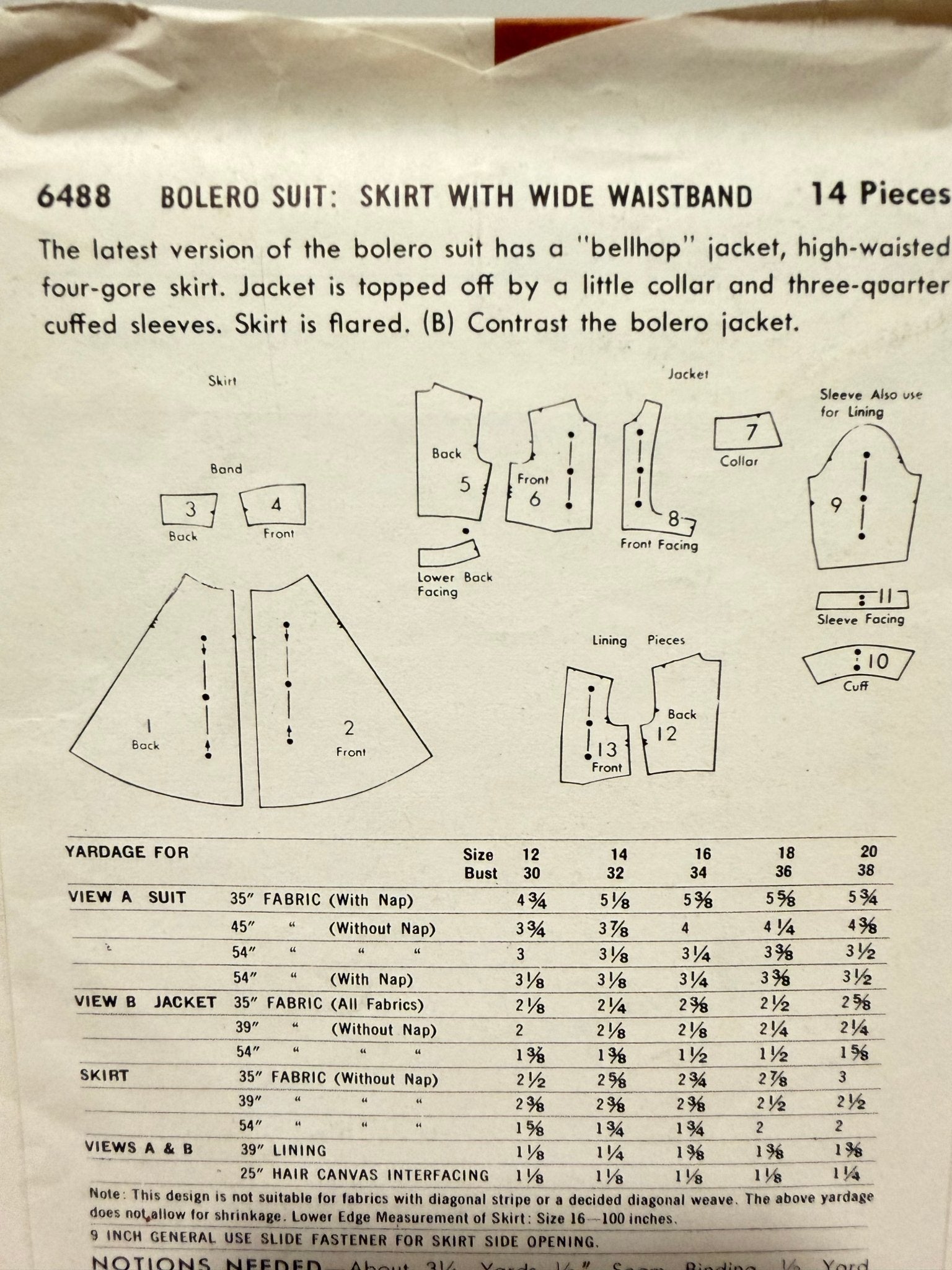Butterick Sewing Pattern #6488 — Bolero Suit with Bellhop Jacket & Flared Skirt, Size 14, Bust 32, Vintage 1953 - Boho Fabrics - Sewing Patterns