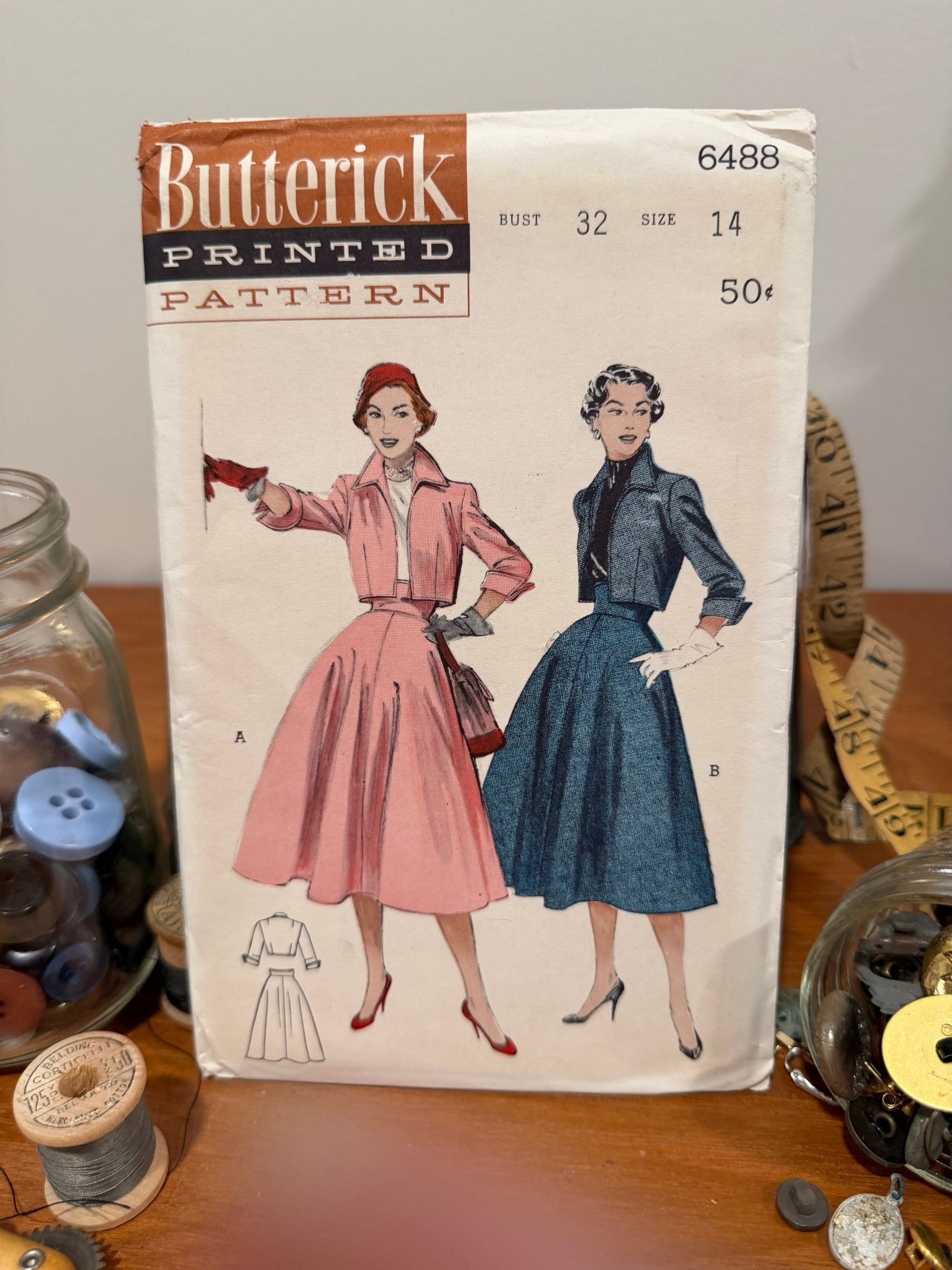 Butterick Sewing Pattern #6488 — Bolero Suit with Bellhop Jacket & Flared Skirt, Size 14, Bust 32, Vintage 1953 - Boho Fabrics - Sewing Patterns