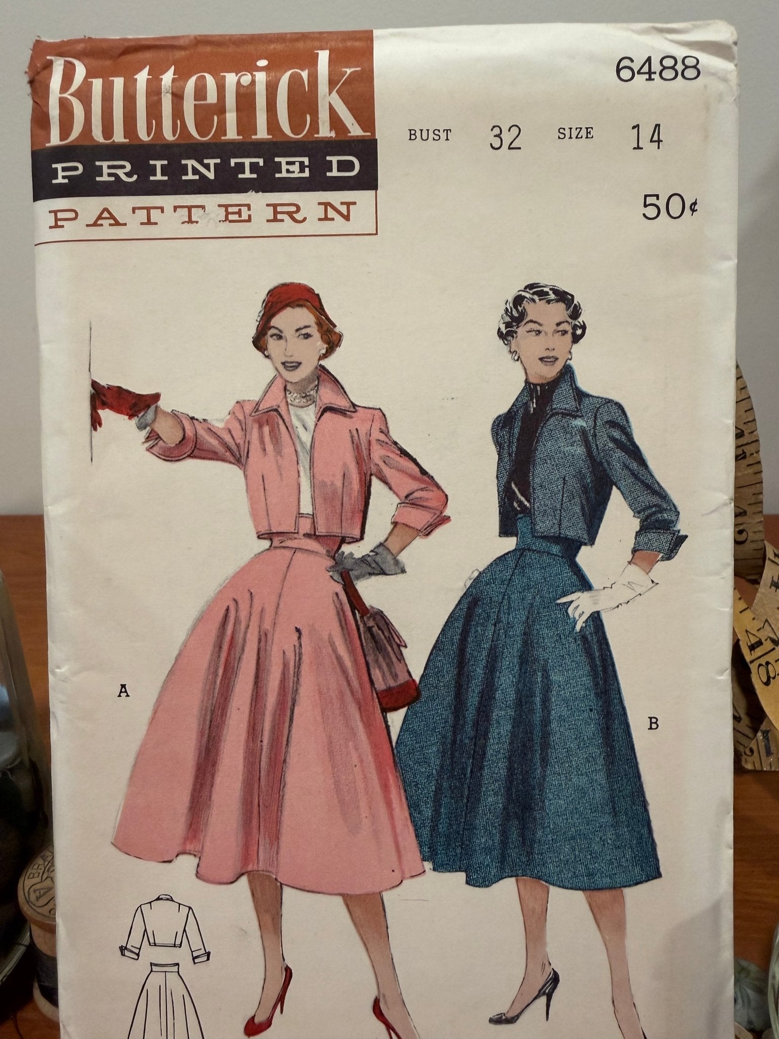 Butterick Sewing Pattern #6488 — Bolero Suit with Bellhop Jacket & Flared Skirt, Size 14, Bust 32, Vintage 1953 - Boho Fabrics - Sewing Patterns