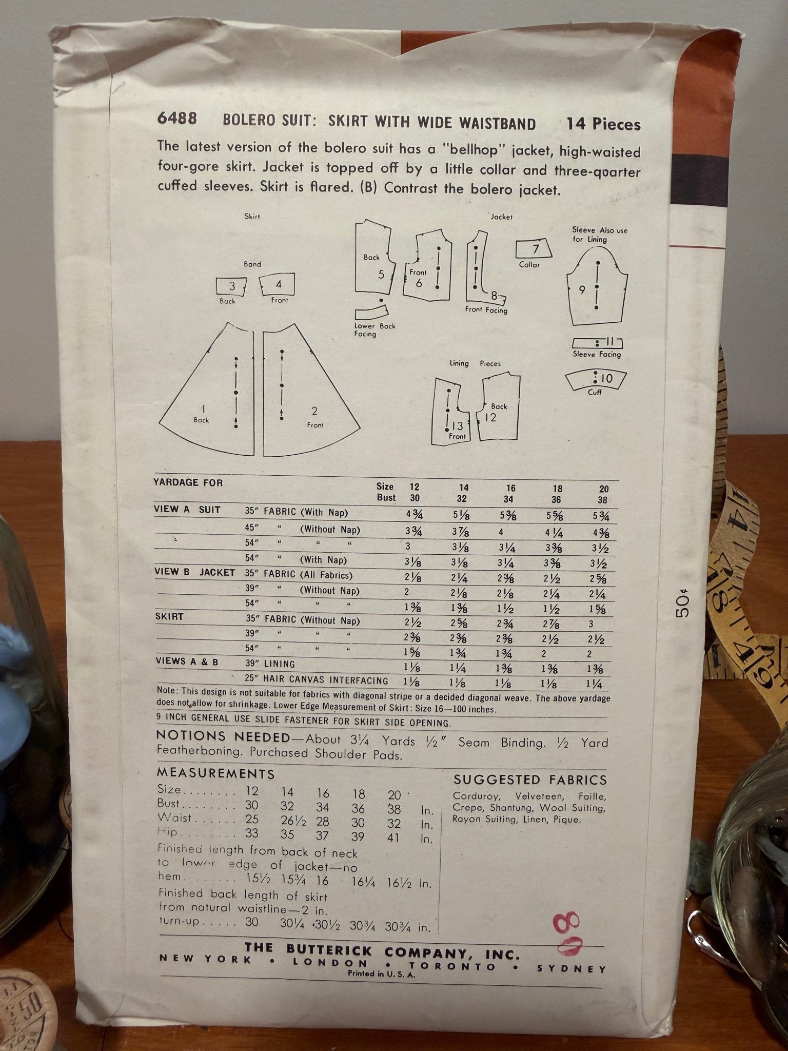 Butterick Sewing Pattern #6488 — Bolero Suit with Bellhop Jacket & Flared Skirt, Size 14, Bust 32, Vintage 1953 - Boho Fabrics - Sewing Patterns