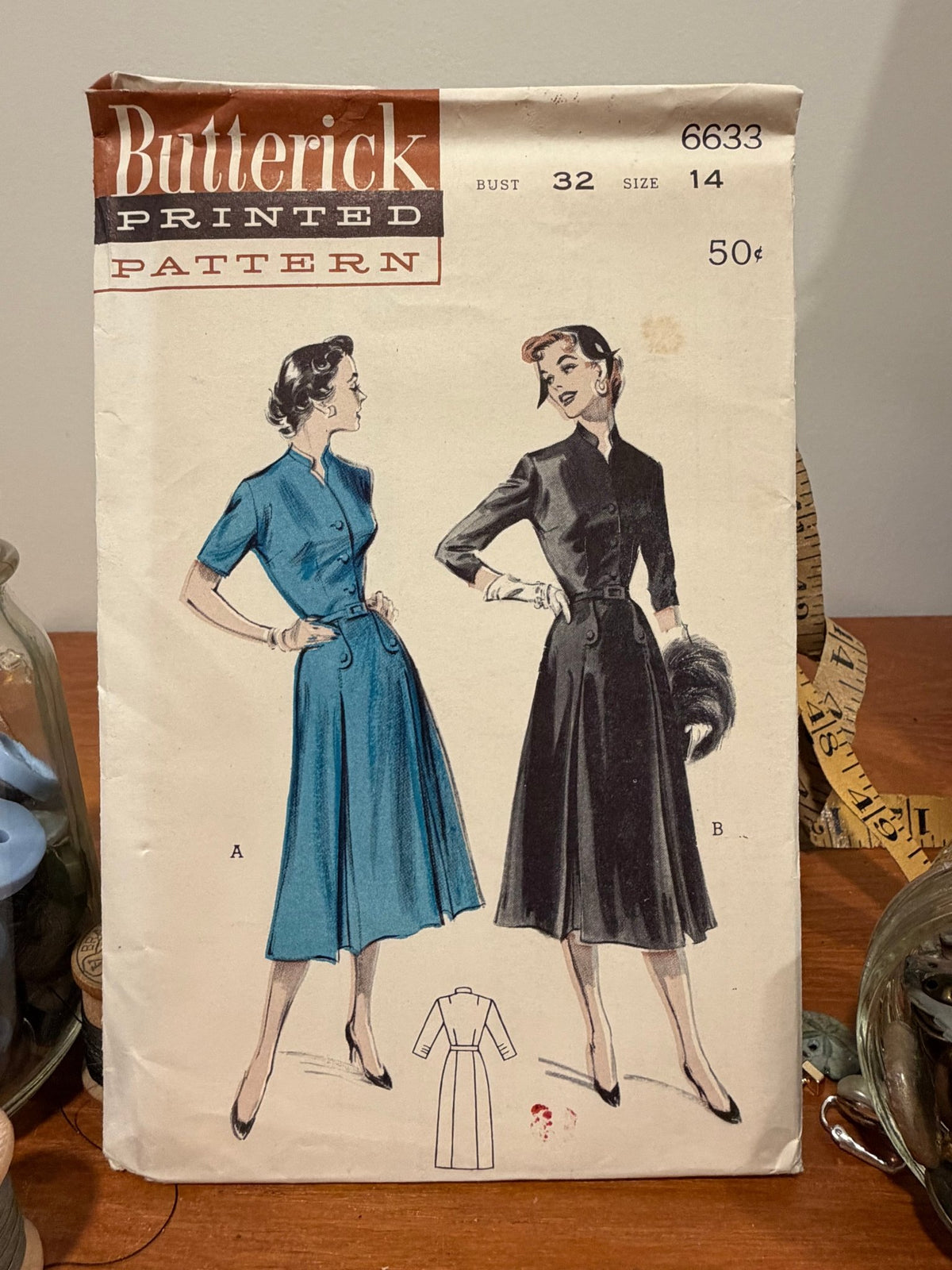 Butterick Sewing Pattern #6633 — Mandarin Collar Dress with Pleated Skirt, Size 14, Bust 32, Vintage 1953 - Boho Fabrics - Sewing Patterns