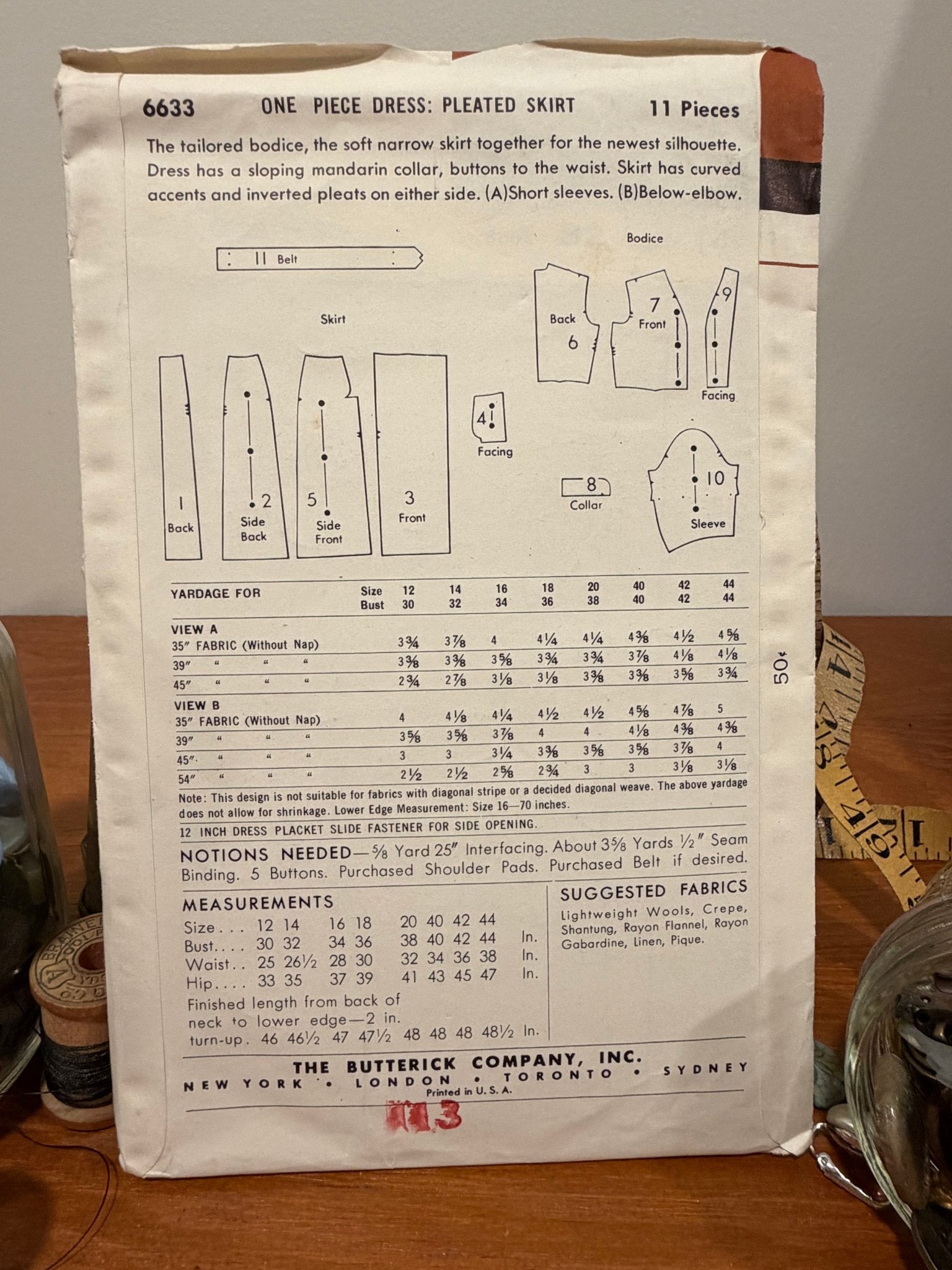 Butterick Sewing Pattern #6633 — Mandarin Collar Dress with Pleated Skirt, Size 14, Bust 32, Vintage 1953 - Boho Fabrics - Sewing Patterns