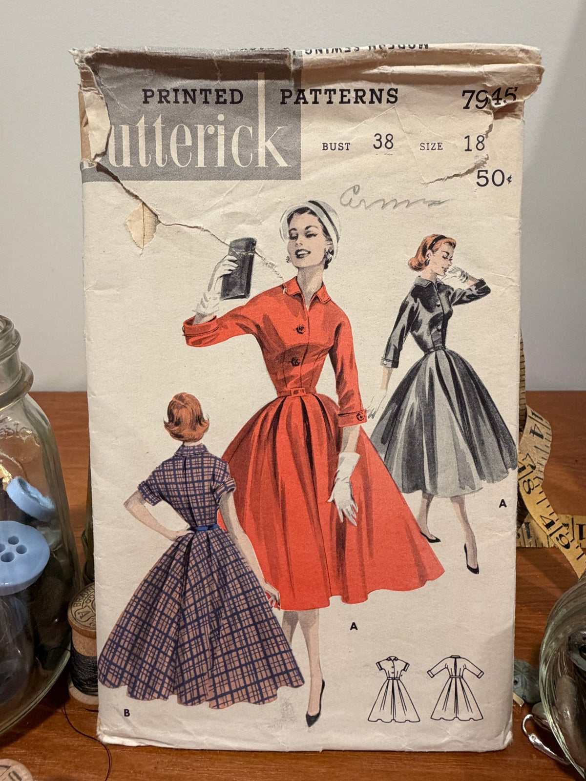 Butterick Sewing Pattern #7945 — Button-Front Dress with Full Pleated Skirt, Size 18, Bust 38, Vintage 1956 - Boho Fabrics - Sewing Patterns