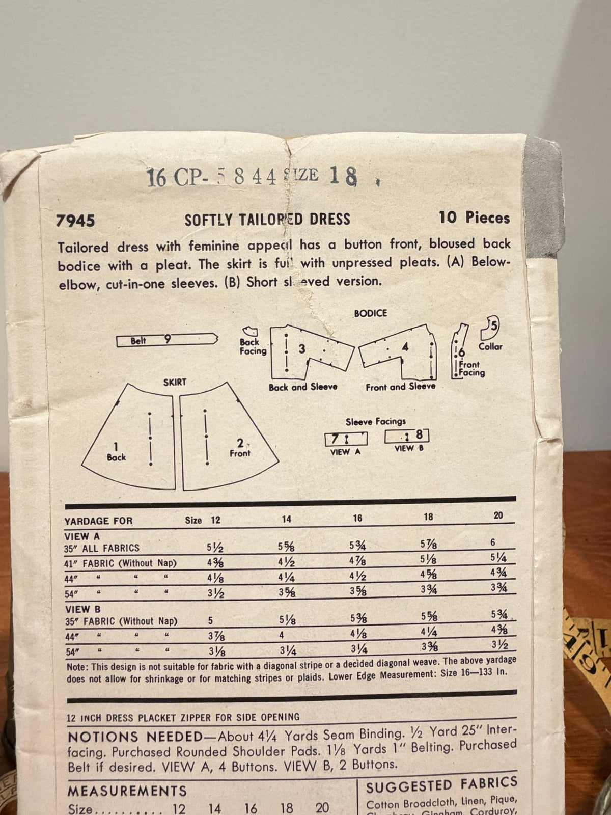 Butterick Sewing Pattern #7945 — Button-Front Dress with Full Pleated Skirt, Size 18, Bust 38, Vintage 1956 - Boho Fabrics - Sewing Patterns